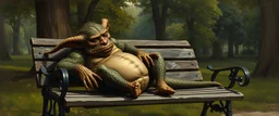 master oil painting by Rembrandt, fat orc dragon gremlin sleeping on a bench in the park