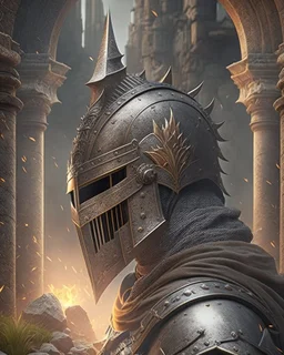 Dark souls Knight, aura, portrait, background Dark souls like ruins, comic style, helmet,