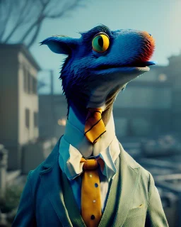 Realistic image, hybrid character, Sesame Street muppet, head, man, body, ,arms, hands, Shirt and tie, Wes Anderson style, concept art, smooth, unreal engine 5, god lights, ray tracing, RTX, lumen lighting, ultra detail, volumetric lighting, 3d, finely drawn, high definition, 4k.