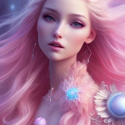 fairy, pink, blonde hair, beautiful, whole face, whole top hair, hyperrealism, masterpiece, expert, cinematic lighting, sharp focus, 8K, pastel, macro lens, woman, detailed, flower