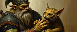 master oil painting by Rembrandt, fantasy orc soldier holding and petting a big ugly cat gremlin