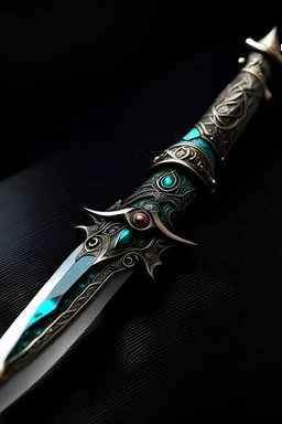 llustrate a unique and intriguing dagger with a wicked, serrated blade. The hilt should be adorned with mysterious runes, and the pommel should feature a small, embedded gemstone that glows with an otherworldly light. Show the dagger in a way that conveys both its aesthetic allure and its potential for arcane or mystical power. Capture the essence of a weapon that holds a secret or possesses a magical aura.