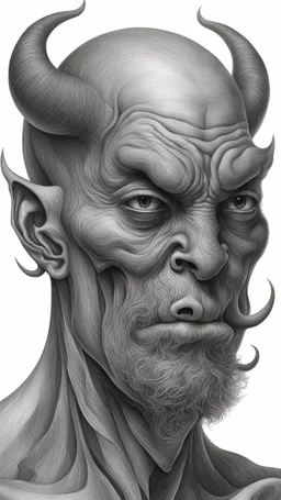 ππ§π€π’π₯π© highly detailed graphite illustration, A surreal devil figure with exaggerated anatomical features, heavily wrinkled skin, and an intense, contemplative expression. bald head, thick eyebrows, long beard merge into swirling abstract shapes. Large, expressive hands, one covering the mouth and the other gripping the forehead tensely. Mysterious, introspective, dreamlike, somewhat dark fantasy. #ππ§πart #prompt