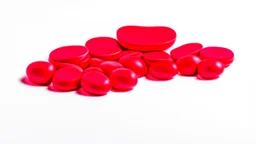 a bubble pack of red pills, next to torn red ribbon, on a white background