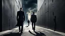 a high realistic photo from a business man walkings on street his own shadow as devil walking behind on big wall , modern city, weird atmosphere.detalied, sharp focus, surreal mood, thriller, dark dream