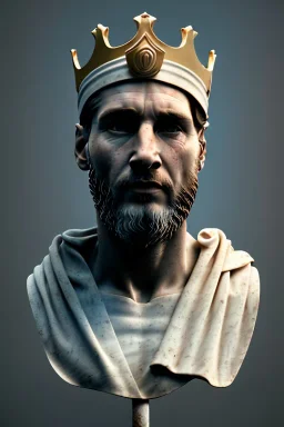 Ultra Realistic image, Roman sculpture, white marble material, Lionel Messi, gold crown of natural thorns, god crown, Renaissance style, sun rays background, waist up portrait, epic, celestial, cinematic lighting, God lights, 4k resolution, smooth details, soft lighting, unreal engine 5, art station, substance 3d.