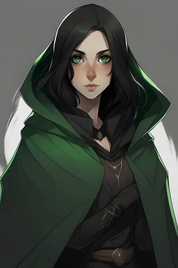 girl rogue with black hair, pointy ears and green eyes in a black cloak