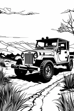 Outline art, no shading, jeep on the road, cartoon style, black and white, low detail, --ar 9:11