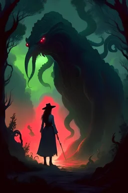 an illustration of a witch standing next to a monster with large tentacles, in the style of raphael lacoste, silhouette lighting, daniel f. gerhartz, #screenshotsaturday, raw and powerful, dark themes