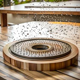 a circular heavy plate with circle holes on it drops from distance big pot of water on a table and bouncing and splashes of water