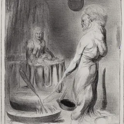 William Blake in a French maids outfit cooking over a fire