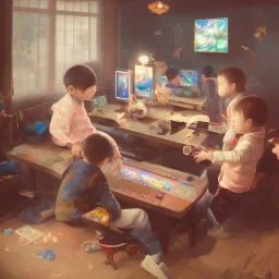 japanese children play gaming, controller in hand, gaming room