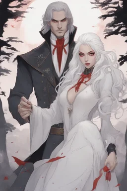 Vampire count Strahd Von Zarovich has long black hair and red eyes, with a woman with white hair