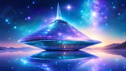 spaceship cosmique, costructions futuristes transparents, precieuse, brillante, etoilé, lumière des etoiles , sentier cosmiques, Belle nature de pierres précieuses scintillantesturquoise, lilas, bleu, éclatant de mille étoiles. Reflets chatoyants, refractions magiques, dansent et jouent, chemins brillantes, cosmiques, lumière cristalline, les formes captivantes se révèlent, Un monde de féerie, ciel bleu, vaisseau de lumiere, transcendante.