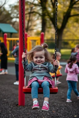 a 40 year old dad in the playground with his young 3 year old daughter playing on the swing but the dad is distracted by all the other kids curvy mums and loses his child. there are many kids playing on the playground
