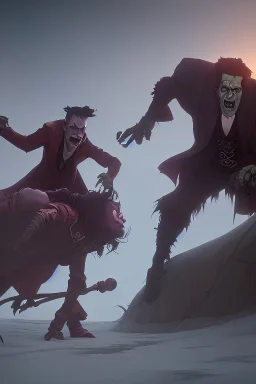 Frankenstein monster and the wolfman fighting each other as Dracula stands by and watches