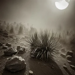 A striking quality Kodak photograph captures a wasteland with a group of plants, creepy, details of the dust very accentuated, glossy organic mass, adorned with minerals and rocks. Bathed in intense light, eerie, Max Ernst style, black sun, fog