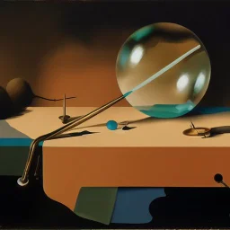 landscape with Soap Bubble,complex surgical instruments mixed with musicial instruments,minimalism,Painting By Adrian Ghenie, Rene Magritte, Salvador Dali, Lucian Freud