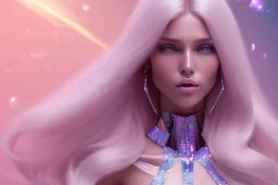 beautiful, soft, blues soft eyes, smiling, whole head, straight and blonde long hair, brillante suit, background pink and brillante, background crystal castle,dont cut the top of the head ultra high definition, 8 k, unreal engine 5, ultra sharp focus