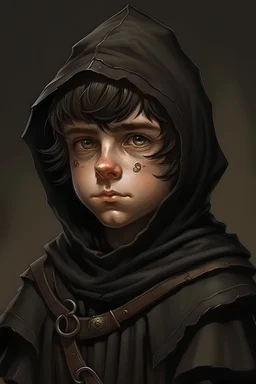 create a portrait of a rogue that is a halfling in larry elmore style wearing stealth black clothing
