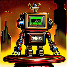 90's TCG art retro scifi art of a time travel clock robot