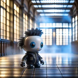 cute hairy punk chat robot photo shoot in big train hall, 8k, downlight, soft light, depth of field, photorealism, trending on art station, lotsa detail, smoke and fog