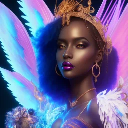 full body shot, masterpiece, best quality, black skinned, sparkling eyes, long hair, gorgeous African Fairy queen,wings,fluorescent skin,light blue makeup,synthwave, light indigo, trasparent , irridescent, highly detailed body, sun light, 4K, RAW, depth of field, high contrast, realistic details, 24mm vaporwave aesthetic, synthwave, artstation, concept art, smooth, extremely sharp detail, finely tuned detail, ultra high definition, 8 k, unreal engine 5, ultra sharp focus