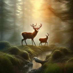 fantasy art, book cover, "As your horse ride deeper into the forest, you begin to see signs of wildlife. The upper body of a fluffy deer dashing."