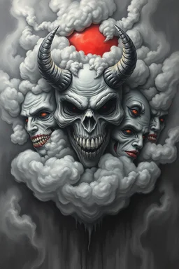 Nightmare in my mind, evil in many faces, Busch painting nightmare, thin line draw, 3D gray clouds colors