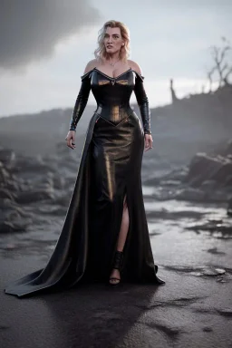 Kate Winslet as evil queen in black leather gown, cleavage, angry, stern look, unreal 5, octane render,cinema4d, dynamic lighting, dramatic lighting, 4k, redshift render, highly detailed, hyper realistic