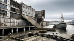 Un edificio cultural junto a un puerto industrial abandonado, ensamblaje asimétrico de acero oxidado, madera envejecida y hormigón crudo, geometrías no ortogonales y estructuras tensadas que parecen desplazarse como un organismo vivo, pequeñas embarcaciones y gaviotas alrededor, personas recorriendo rampas y vacíos intermedios abiertos al mar, sensación de arquitectura inacabada y narrativa, iluminación gris atlántica, estilo gráfico de collage constructivista combinado con g