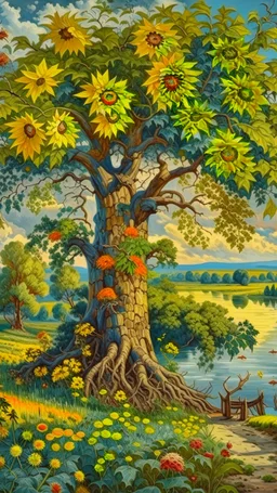 Bosch painting style, beautiful tree by the river , a field of sunflowers on both banks of the river