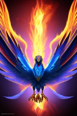 blue phoenix flaming wings, balanced, beautiful, smooth, flying