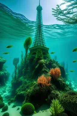 Eiffel Tower underwater with corals on it