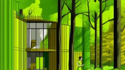 The image shows a modern architectural design featuring a brown-hued house with large glass windows, surrounded by lush greenery and a person in a yellow dress interacting with a tree. The main object is a two-story house with a textured brown exterior. It has large windows that reflect the surrounding landscape and a mirrored glass door. A slender birch tree stands in front of the house, complemented by patches of green grass and small plants. A lone figure, a woman in a loose yellow dress, is