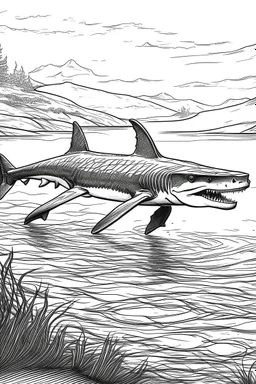 Outline art, no shading, full body shark in the river, black and white, low detail, --ar 9:11