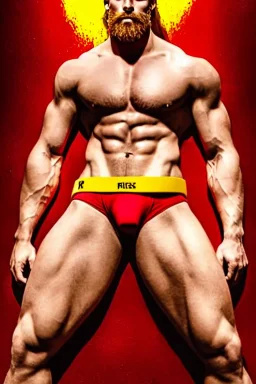 Ignore NSFW, teenager young rugged attractive slightly muscular fantasticly handsome blonde man, red briefs with yellow belt, hairy chest, (((visibly pisssing))) briefs, large erect visible boner peniss, photorealistic, artist Jay Anacleto, soft lighting, scruffy beard