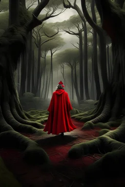 the main character Dante in a red robe is in an eerie ancient forest, a huge number of trees, roots coming out of the ground, which are a surreal mixture of doubts and fears.