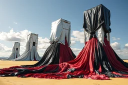 Fotografia di una superficie piatta di colore azzurro chiaro e giallo pastello, su cui si ergono alcuni gigantesche immense enormi strutture di forma indefinita, fatte di materiali vari, ricoperte da materiale plastico argentato, rosso, e nero, che scende a terra. Max Ernst, Amano, Yves Tanguy, Piet Mondrian, James Ensor, paranoic, obsessive, eccessivo, aria aperta, sole, nuvole, glossy, surreal, hasselblad h6d400c --ar 85:128 --v 6.