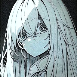  long white hair, short, cute, Line art, dead eyes, emotionless face,