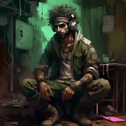 Abstract dark painting of a 30yo arab man with a curly messy dirty hair, round dirty face and a mechanical left-hand, wearing white tank top, military jacket pants and boots, bandanna on head with punk-goggles. Scenery is a cyberpunk small dark living room with lots of junk. Dirty and old image filters, dark-tone hot colors, a dystopic feeling.