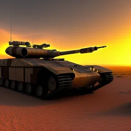 Wide desert view of Military hovertank from the future, 4k, highly detailed, hovering, axles, at sunset