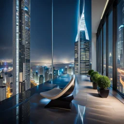 in luxury hall in top floor of skyscrapper in moder city at night sky, ,city scape at backgrownd