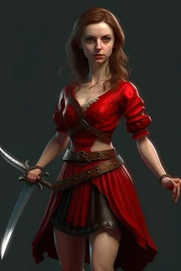 a young witch in a red low-cut short skirt, with a sword in one hand, photorealistic, delicate detail.