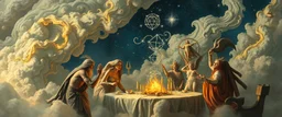a myrriad and a star golem feast with greek gods, swirling illusion clouds