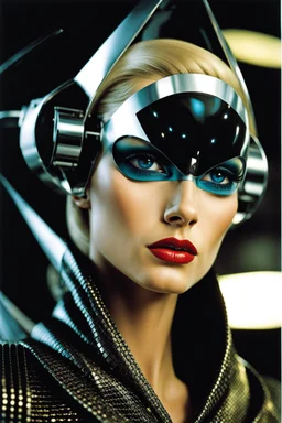 female humanoid robot, beautiful like a supermodel from the sixties, beautiful eyes, sexy, most beautiful, helmut newton, evil woman, hypnotic eyes, polaroid colors, electric sexuality