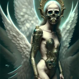 beautiful angel with skull mask, cinematic pose, symmetry, ink dropped in water by Tom Bagshaw and Seb McKinnon, rococo details, post processing, painterly, book illustration watercolor granular splatter dripping paper texture, ink outlines, arcane style