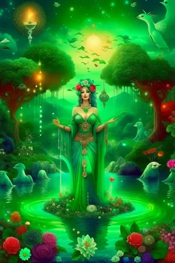 The beautiful goddess of healing and well-being stands on a land of pure water embellished with emeralds. And glass rose trees. And a name. Colored with stars and planets