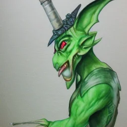 dungeons and dragons, fantasy, goblin, king, green skin, watercolour, large strokes, distinct face, portrait, head, crude crown