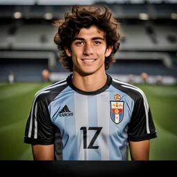 85mm DSLR color photography of a very detailed headshot fitting all of head and hair in frame. 19-year-old Argentine soccer player, and with no facial hair and has no facial hair, has short and black hair with a small smile, grey background